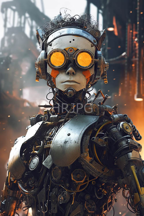 piercing amber lenses illuminate intricate brass plating amidst industrial labyrinth copper gears