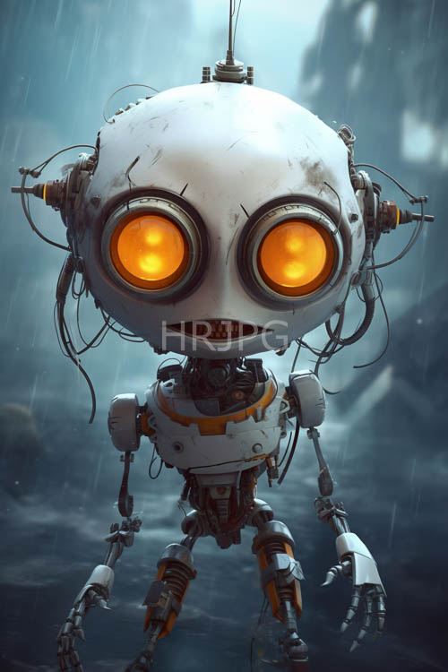 mechanoid figures stand in city downpours amidst misty streets