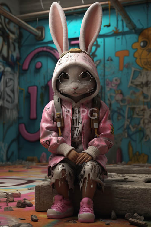 High Resolution: Whimsical street art graphics style a rabbit in rebellious attire download. | HRJPG.com