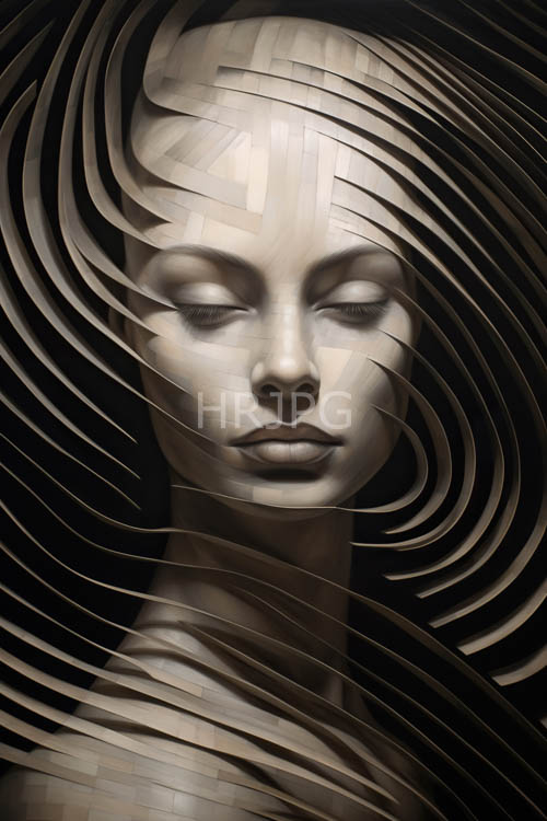 metallic line patterns float around faces in pitch black