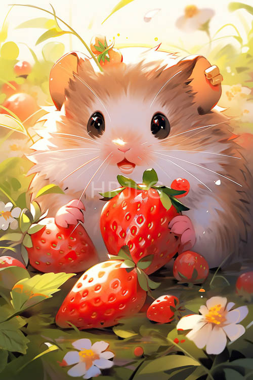 foliage framed hamster cradles juicy crimson strawberries amidst verdant foliage with dainty white blooms