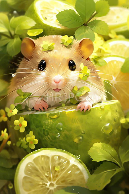 summer sanctuary with foliage and dewkissed citrus blooms and a hamster