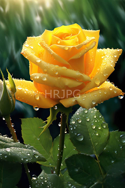 dewdrops refract light on yellow petals among green leaves