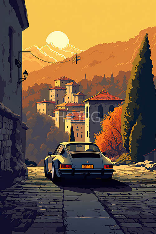 italian architecture contrasts with modern performance car and sunset light fading into dusk