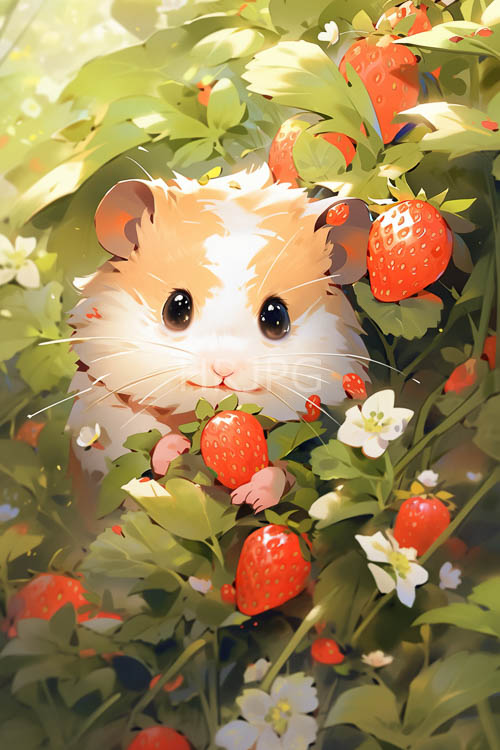 tiny creature snuggles among lush strawberry foliage under warm sunlight