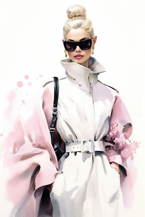 platinumhaired figure in chic chignon and crisp trench coat urban setting