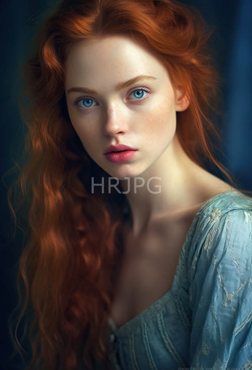 freckled skin framing piercing sapphire eyes cascading crimson tresses in elegant cerulean garments