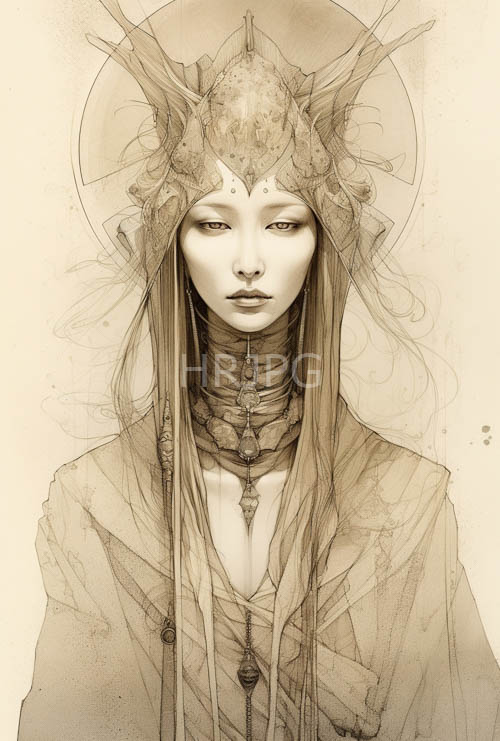 ornate medieval headgear cascades with porcelainpale skin and vintage sepia hues