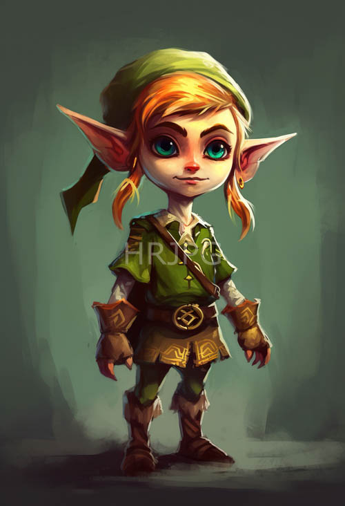 elven with fiery pigtails and emerald eyes amidst whimsical embellishments