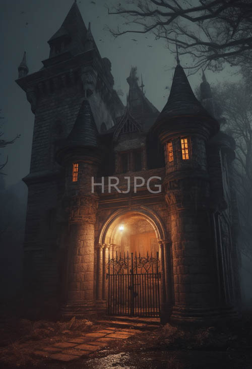 creeping mist envelops ancient arches and weathered stone walls amidst towering spires