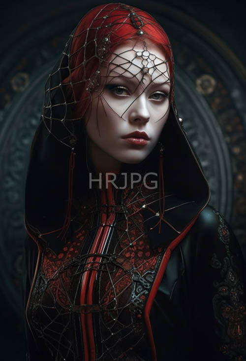 sapphire eyes commanding crimson locks amidst shrouded black hoods in ancient motifs