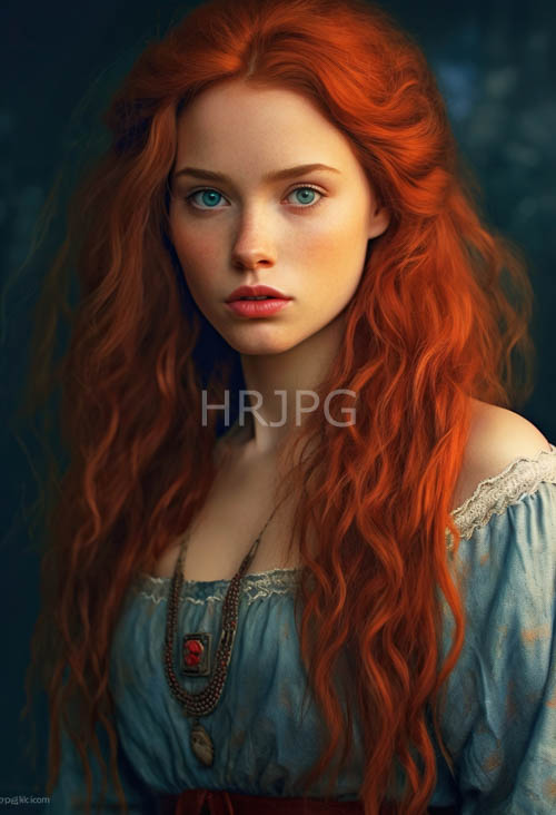 freckled azure gaze cascades through cornflowerblue lace and auburn waves in renaissanceinspired