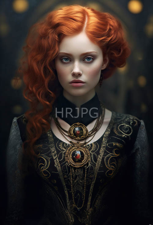 lavender ambient light washes over red curls and victorian attire