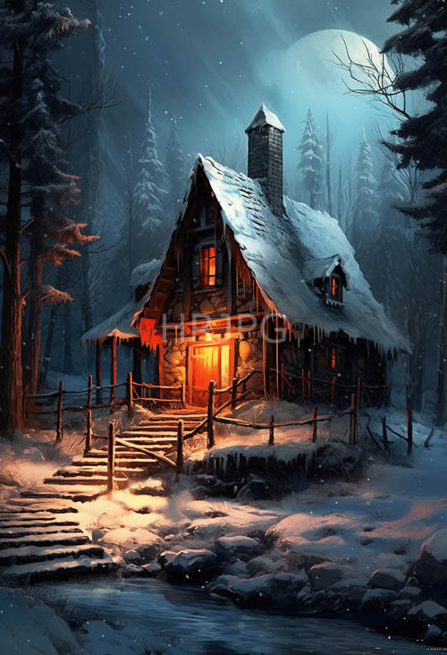 frosted panes spill amber light onto fresh powder and wooden facade