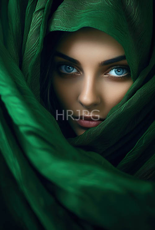 sapphire eyes pierce through emerald textiles in fluid folds amidst porcelain skin tones