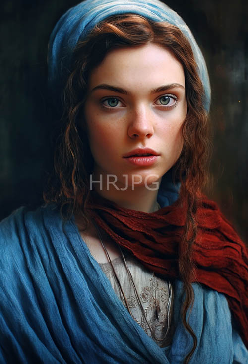 auburn hair waves cascade over cobalt folds framing emerald eyes