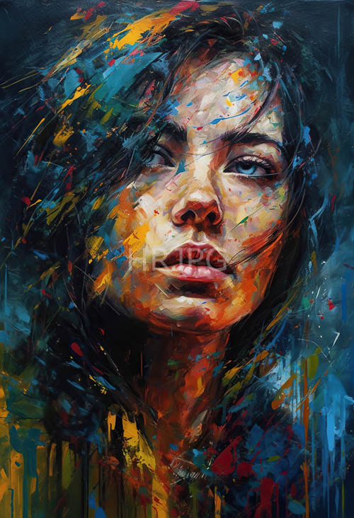 cerulean drips cascade across face and shoulders of contemporary portraiture