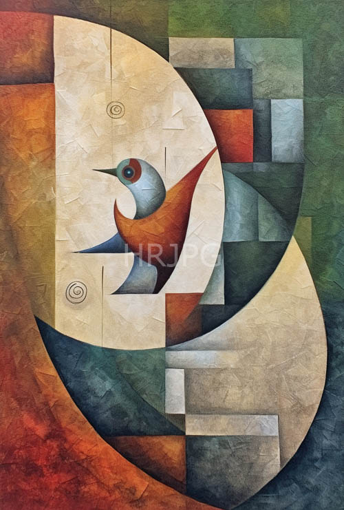 orangered wing accents burst forth from abstract avian form contrasting cooler bluegray body within dynamic geometric composition