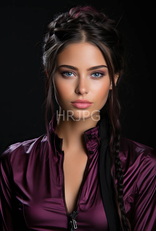 amethysthued satin envelops model in luxurious highfashion glow against dramatic void