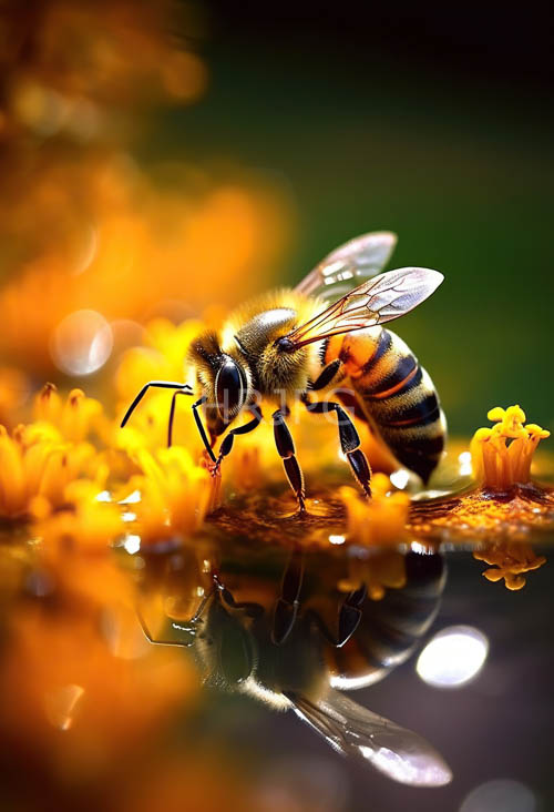 vibrant striped bee graces flower petals amidst ripples of water reflections
