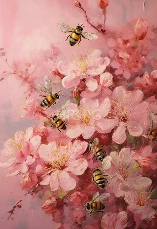 glimmering wings of delicate opacity frame industrious bees dancing amidst blooming cherry blossoms in a serene landscape