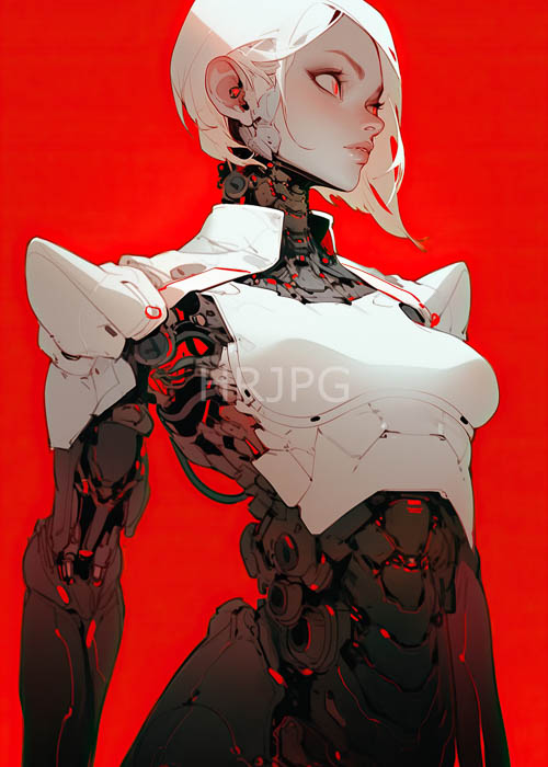 facial contours highlighted by angular contrast against crimson void and cybernetic augmentation