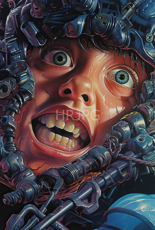 emeraldgreen irises widen in sheer terror amidst encroaching mechanical restraints on human skull