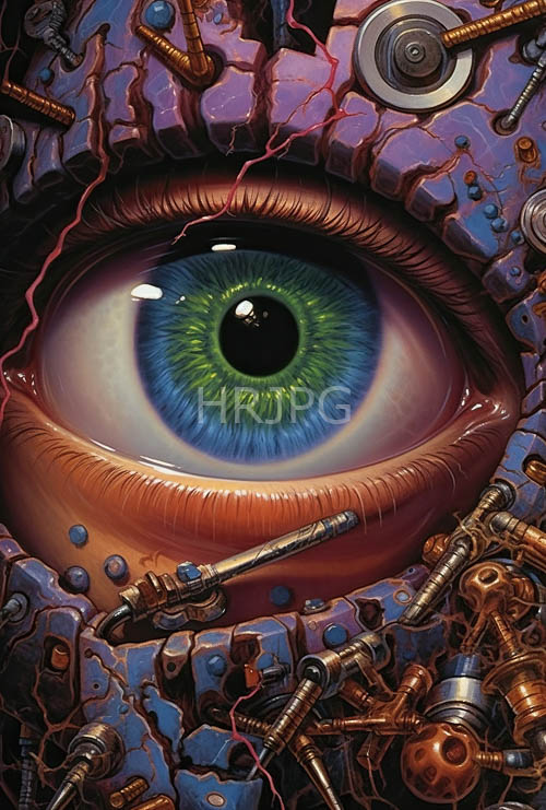 fractured violet flesh unites with industrial copperybrown cogs and silver bolts