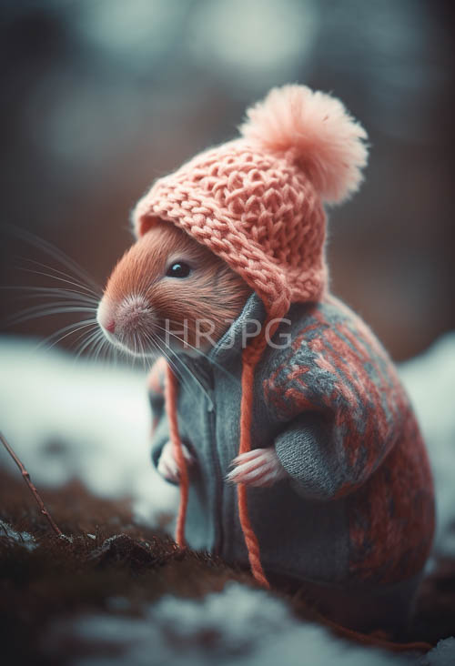 furclad explorer in handknit pink beanie tops intricate gray cableknit patterns against chocolatebrown fur amidst frostladen woodland