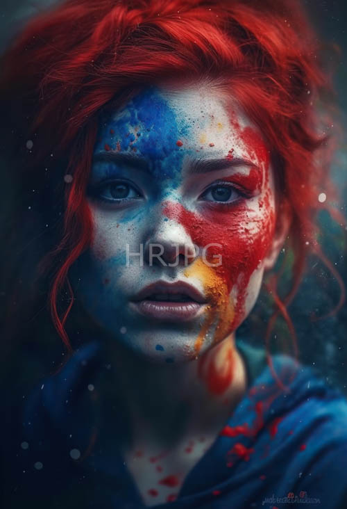 High Resolution: Red hair contrasts against blue and sienna background pigments download. | HRJPG.com
