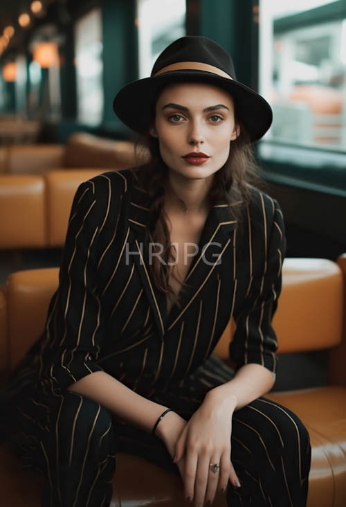 cascading brunette waves frame chic red lips against timeless black suits