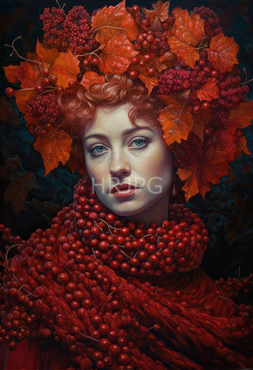 autumnal opulence cascades around regal diadem of orange maple leaves and jeweltoned berries