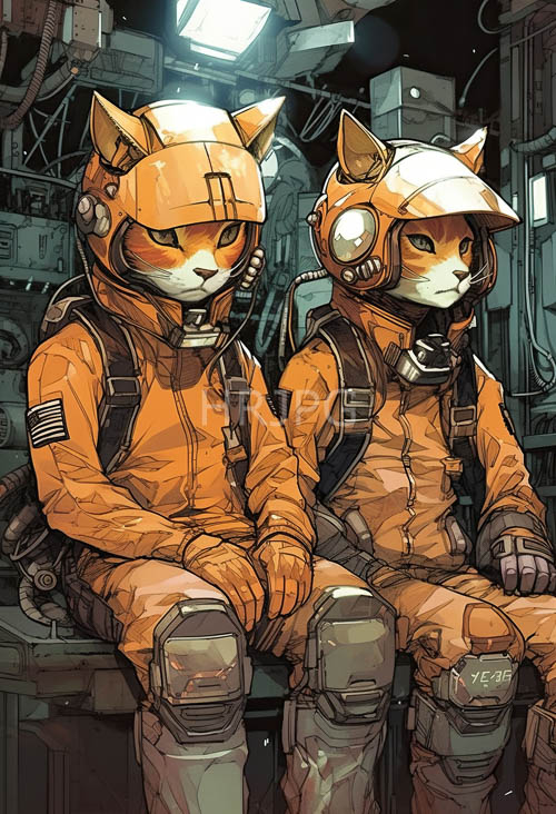 cool blue light illuminates feline astronauts sitting on metallic machinery