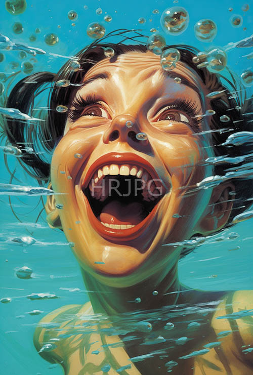 turquoise waters swirl around jubilant figure amidst rising silver bubbles in crystalclear depths