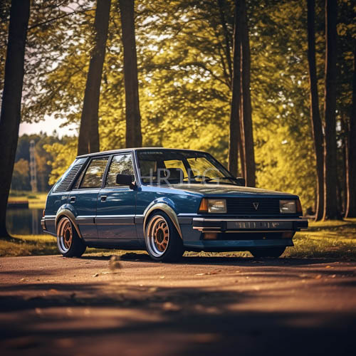 retro blue hatchback silhouetted against orange wheels on secluded dirt trail