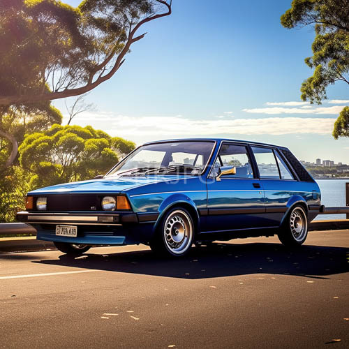 retro hatchbacks chrome wheels reflect sunlight on serene coastal road