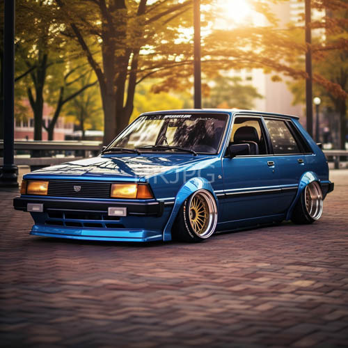 lowered automotive silhouette unveils glistening alloy wheels under verdant canopy