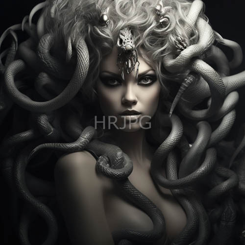 pale skin enveloped by dark curls transforms subject into mythological figure with piercing eyes