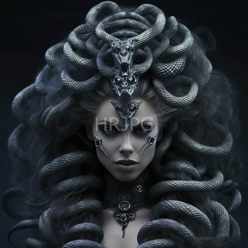 metallic tribal adornments shine among uncoiling tresses in black voids