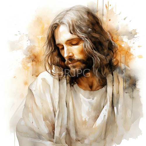 orangebrown hues emanate from central figure in serene watercolor waves framing ivory robe