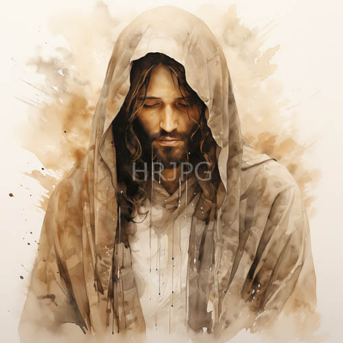 muted earth tones overlap with offwhite hooded figure in cascading brown waves