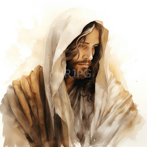 muted watercolors envelop contemplative figure in organic folds of offwhite fabric