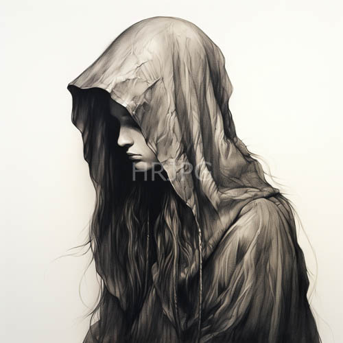 distressed textiles envelop obscured profile in fragmented monochromatic composition