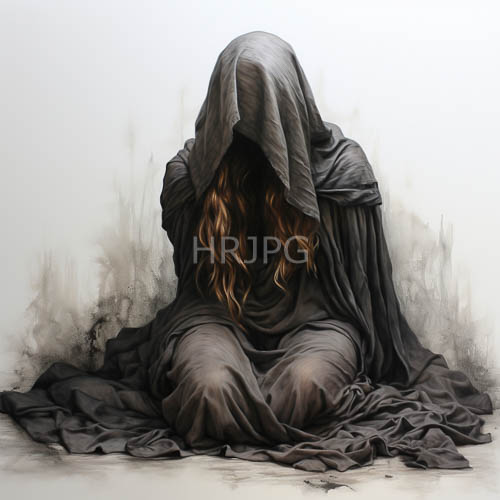 dark gray folds drape anonymous figure on floor amidst smokelike textures