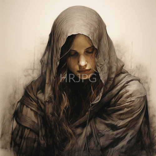 High Resolution: Fantasy Figure Lost in Contemplation Amidst Tattered Gray Cloak and Warm Beige Hues download. | HRJPG.com