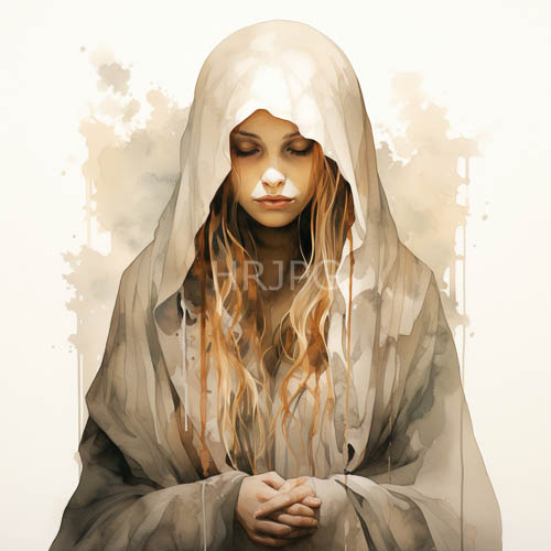 hooded garments shade gentle facial features amidst chestnut hair tendrils
