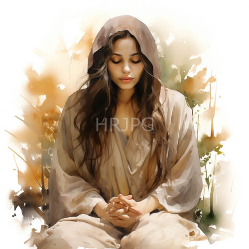 flowing beige fabrics enfold a seated figure in deep introspection and serenity