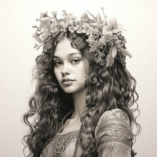 enchanting lady amidst verdant canopy of interlocking blossoms and foliage in sepia hues
