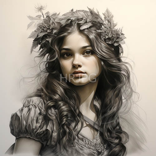 floral adornments cascade around delicate features in softly dappled morning dew