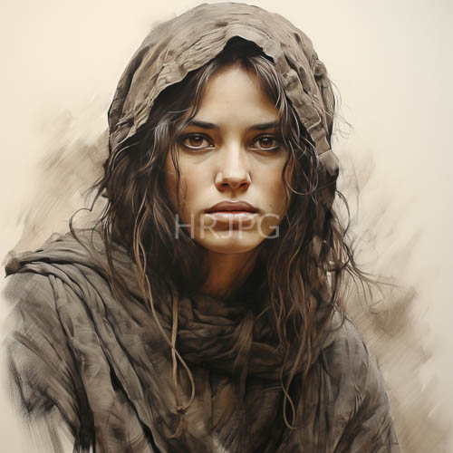 fierce expression in turbulent waves and tattered gray hooded scarf composition